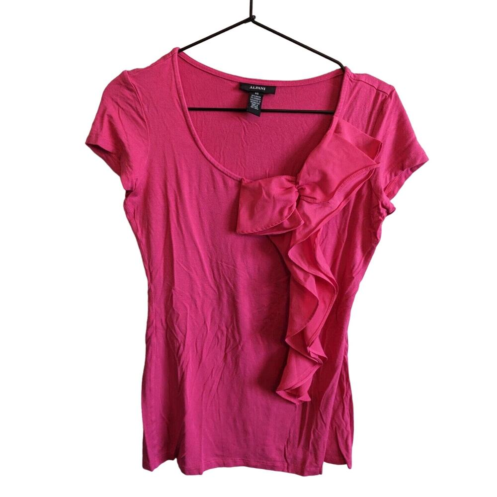 Alfani Womens Sz XS short Sleeve Blouse Bright Pink Bow Front